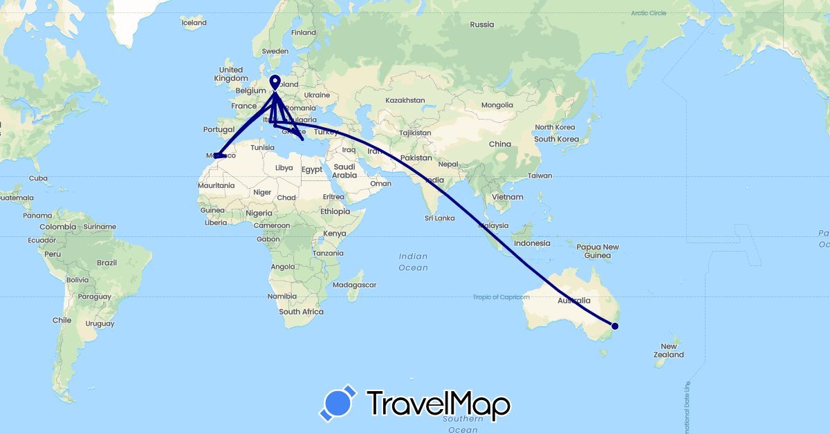 TravelMap itinerary: driving in Austria, Australia, Czech Republic, Germany, Greece, Croatia, Italy, Morocco, Montenegro (Africa, Europe, Oceania)